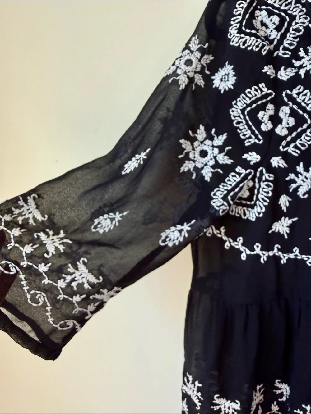 FREE PEOPLE Black Sheer Embroidered Babydoll Peplum Blouse—SZ. Small